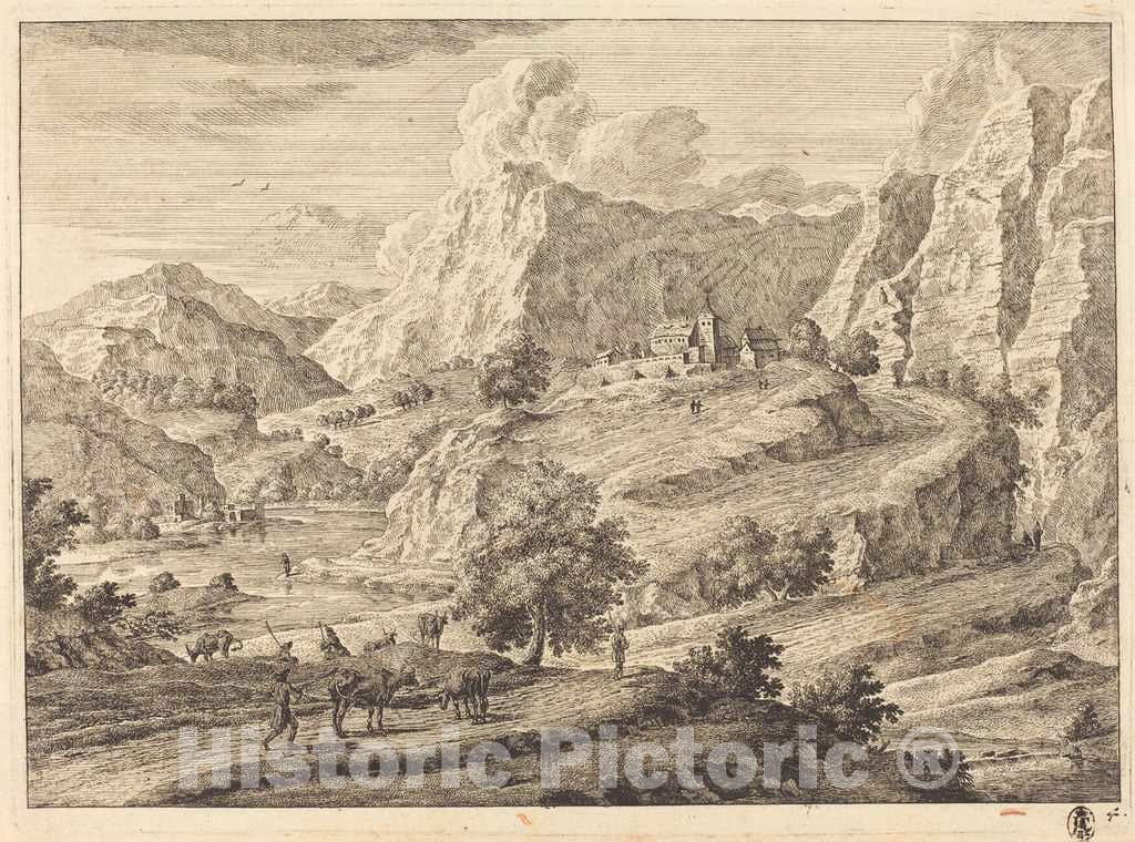 Art Print : Georg Eisenmann, Mountainous Landscape with Figures and a Monastary - Vintage Wall Art