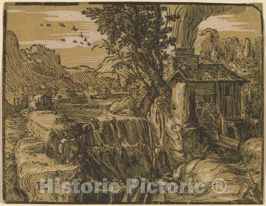 Art Print : Hendrik Goltzius, Landscape with a Waterfall, c.1594 - Vintage Wall Art