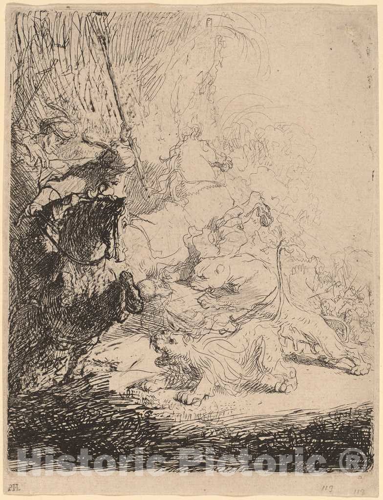 Art Print : Rembrandt, The Small Lion Hunt (with Two Lions), c. 1632 - Vintage Wall Art