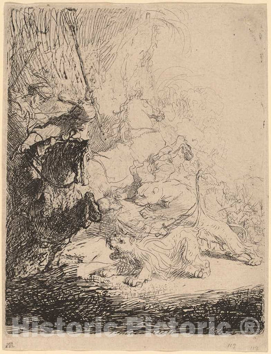 Art Print : Rembrandt, The Small Lion Hunt (with Two Lions), c. 1632 - Vintage Wall Art