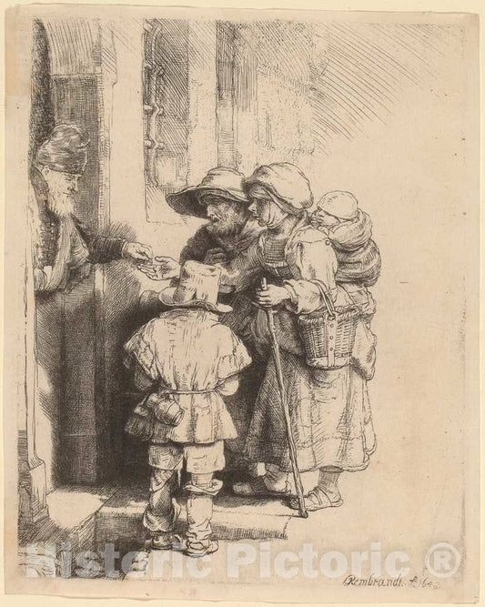 Art Print : Rembrandt, Beggars Receiving Alms at The Door of a House, 1648 - Vintage Wall Art