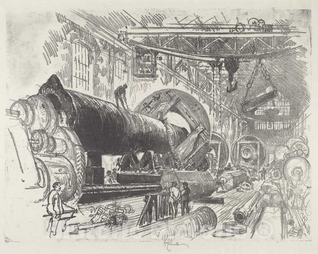 Art Print : Joseph Pennell, Cutting and Turning a Big Gun, 1916 - Vintage Wall Art