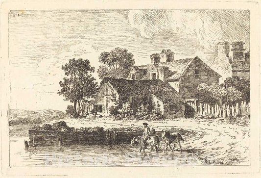 Art Print : Nicolas PÃ©rignon, Horses Being Led to Water on a Winding Riverbank, 1771 - Vintage Wall Art