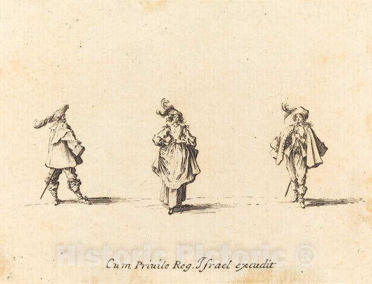 Art Print : Jacques Callot, Lady with Plumes, and Two Gentlemen, 1634 - Vintage Wall Art