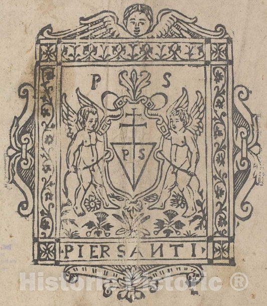 Art Print : Two Putti with Shield Inscribed Pier Santi, 16th Century - Vintage Wall Art