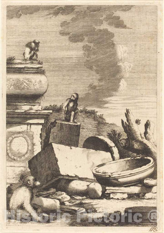 Art Print : Zaech After Jonas Umbach, Ruins with Monkeys and an Owl, c. 1650 - Vintage Wall Art