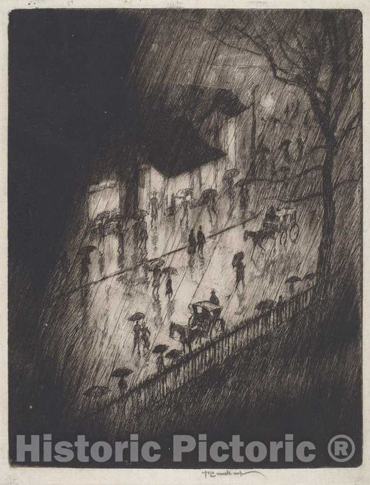 Art Print : Joseph Pennell, Rainy Night, Charing Cross Shops, 1903 - Vintage Wall Art