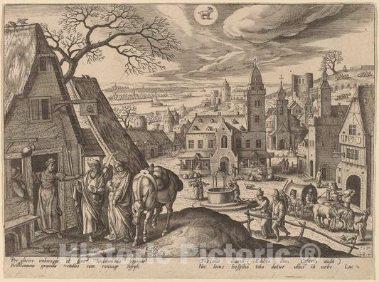 Art Print : Collaert After Hans BOL, The Virgin and Joseph Refused at The Inn (Capricornus), 1585 - Vintage Wall Art