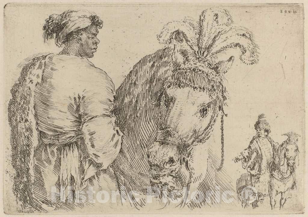 Art Print : Stefano Della Bella, Negro Feeding a Horse, 1662 - Vintage Wall Art