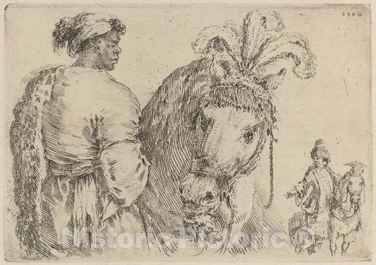 Art Print : Stefano Della Bella, Negro Feeding a Horse, 1662 - Vintage Wall Art