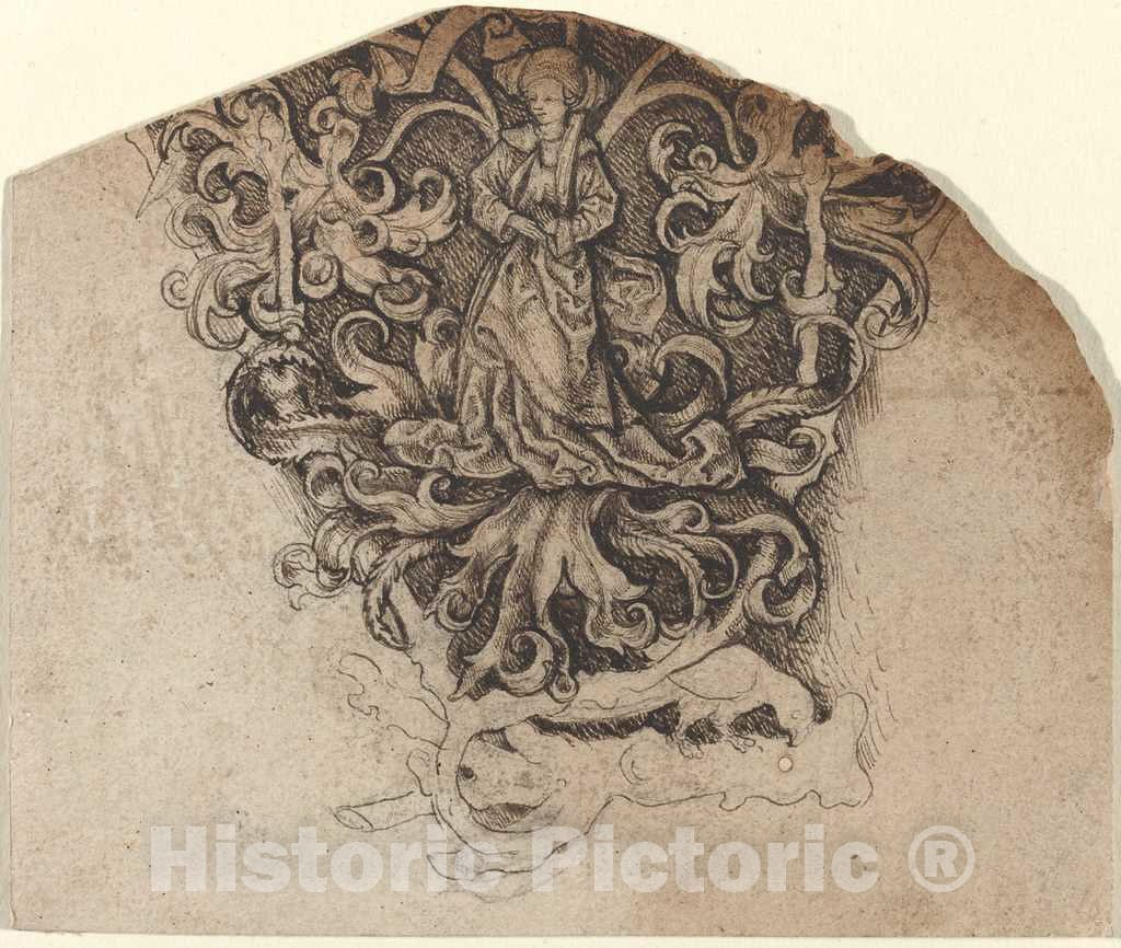Art Print : Gothic Ornament with a Lady and a Parrot, c. 1495 - Vintage Wall Art