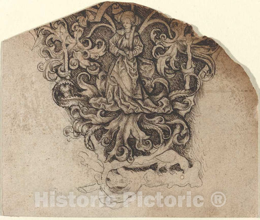 Art Print : Gothic Ornament with a Lady and a Parrot, c. 1495 - Vintage Wall Art