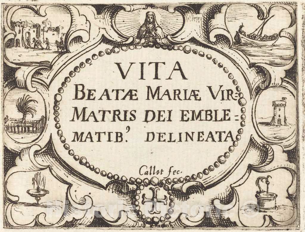 Art Print : Jacques Callot, Title Page for The Life of The Virgin in Emblems - Vintage Wall Art