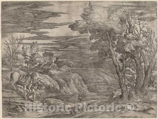 Art Print : Franco After Titian, Landscape with a Man Leading a Horse - Vintage Wall Art