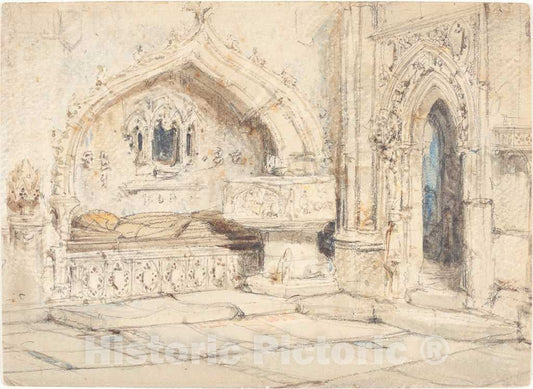 Art Print : Louis Haghe, Interior of a Church with a Wall Tomb and Medieval Font - Vintage Wall Art