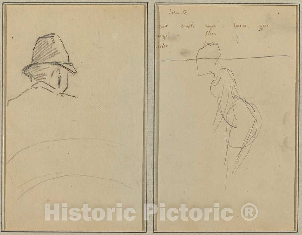 Art Print : Paul Gauguin, A Head of Man with Hat, Seen from Behind; A Standing Woman [Recto], 1884-1888 - Vintage Wall Art