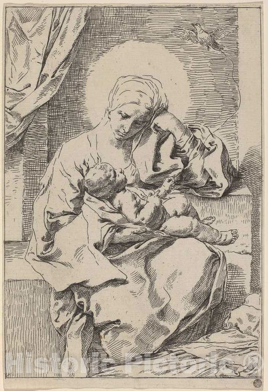 Art Print : Simone Cantarini, The Virgin and Child with a Bird - Vintage Wall Art