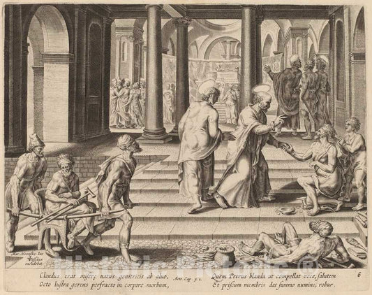 Art Print : Galle After Van Heemskerck, Saints Peter and John Heal a Cripple at The Gate of The Temple - Vintage Wall Art