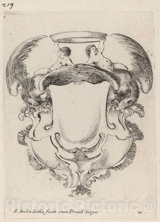 Art Print : Stefano Della Bella, Cartouche with Eagles and Two Infants Holding a Crown, 1647 - Vintage Wall Art