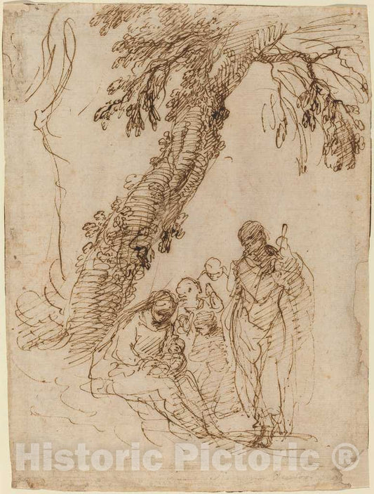 Art Print : Simone Cantarini, The Holy Family Under a Tree - Vintage Wall Art