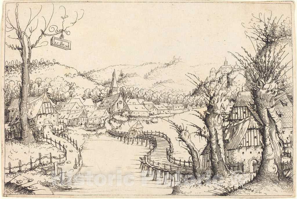 Art Print : Augustin Hirschvogel, River Landscape with Wooden Bridge, 1546 - Vintage Wall Art