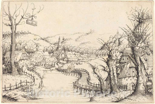 Art Print : Augustin Hirschvogel, River Landscape with Wooden Bridge, 1546 - Vintage Wall Art