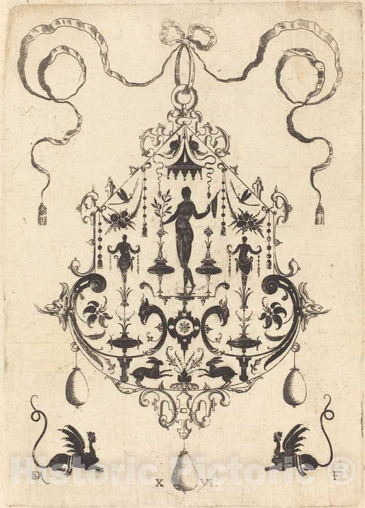 Art Print : Daniel Mignot, Large Pendant, Victory Flanked by Two Herms at Centre, 1596 - Vintage Wall Art