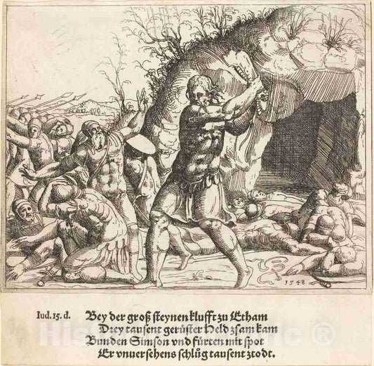 Art Print : Augustin Hirschvogel, Samson Slays The Philistines, 1548 - Vintage Wall Art