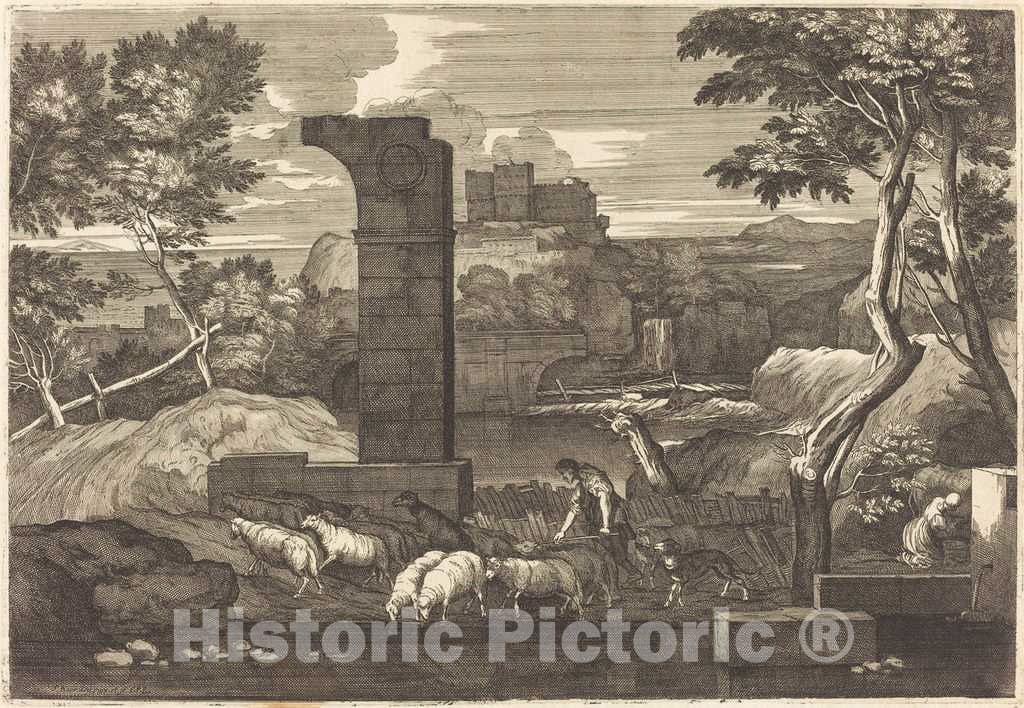Art Print : SÃ©bastien Bourdon, Landscape with Peasant and his Herd - Vintage Wall Art