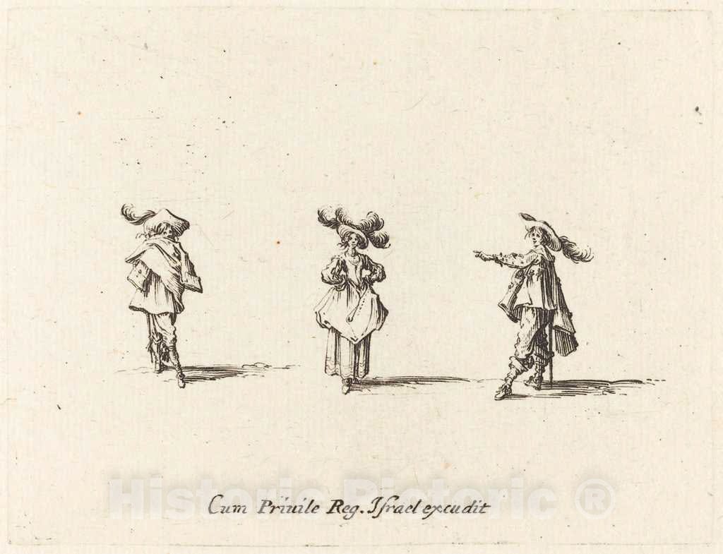 Art Print : Jacques Callot, Lady with Large Plumes, and Two Gentlemen, 1634 - Vintage Wall Art