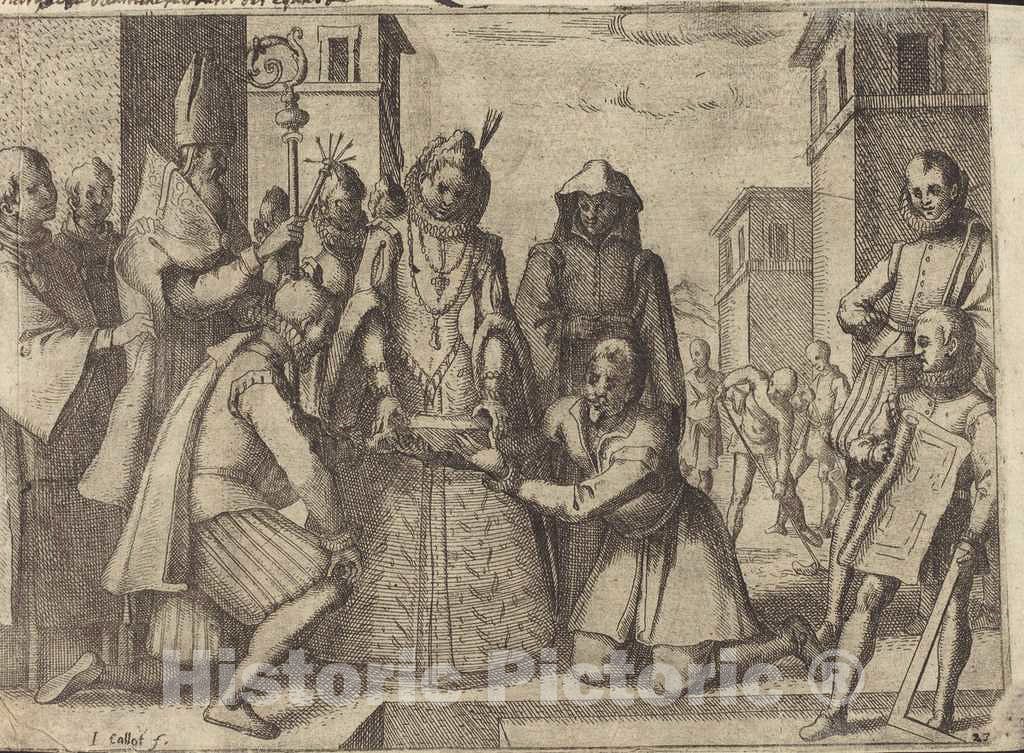 Art Print : Jacques Callot, The Queen Laying The First Stone for The Church of The Poor Clares in Spain [Verso], 1612 - Vintage Wall Art