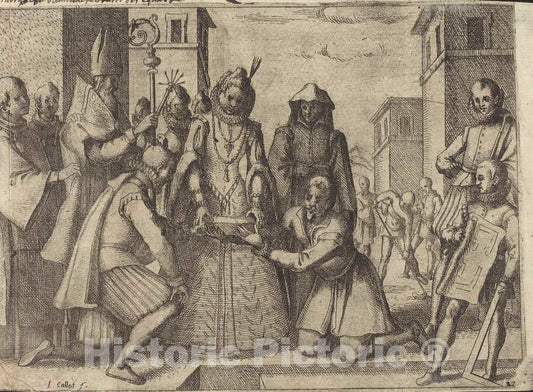Art Print : Jacques Callot, The Queen Laying The First Stone for The Church of The Poor Clares in Spain [Verso], 1612 - Vintage Wall Art