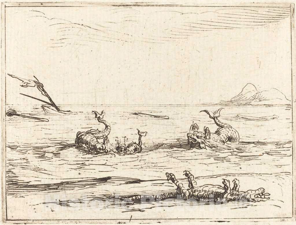 Art Print : Jacques Callot, Dolphins and Crocodile - Vintage Wall Art