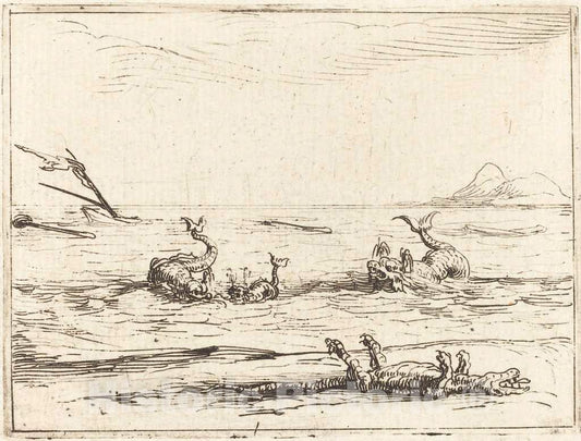 Art Print : Jacques Callot, Dolphins and Crocodile - Vintage Wall Art