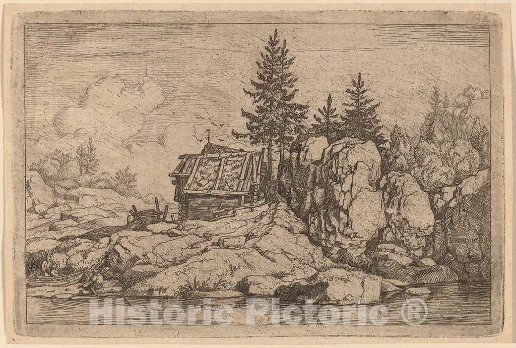 Art Print : Allart Van Everdingen, Two Fir Trees Near Cottages, c.1651 - Vintage Wall Art