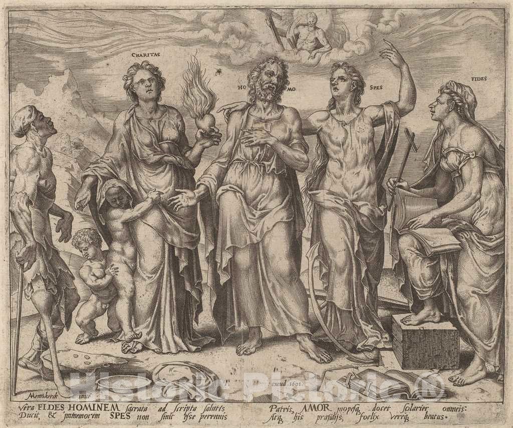 Art Print : Maerten Van Heemskerck, Man Assisted by Faith, Hope and Charity, 1562 - Vintage Wall Art