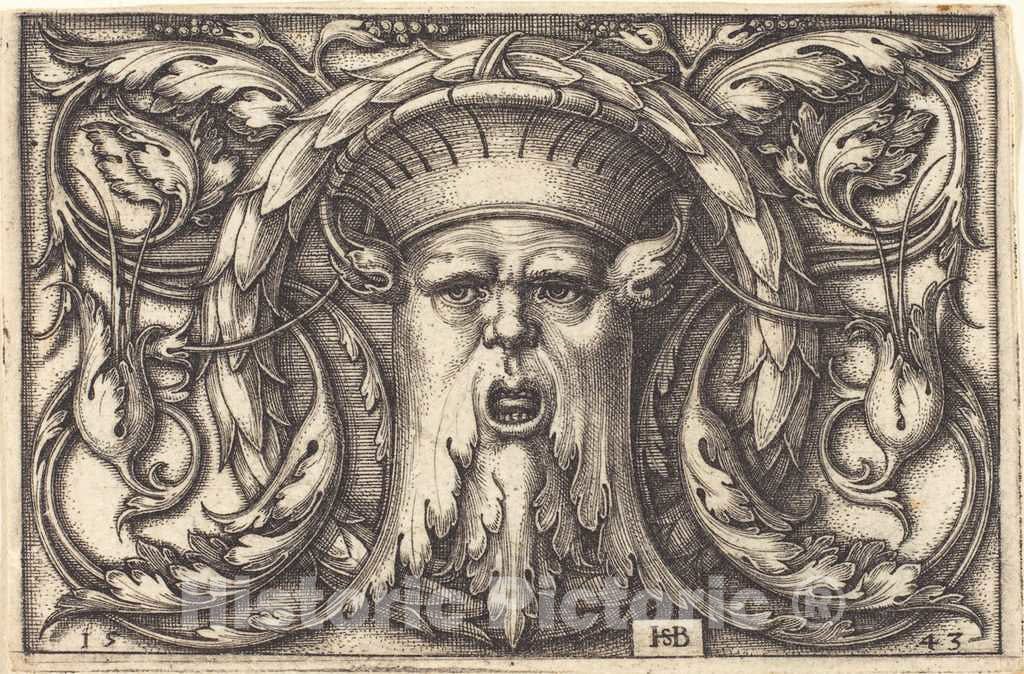 Art Print : Sebald Beham, Ornament with a Mask, 1543 - Vintage Wall Art