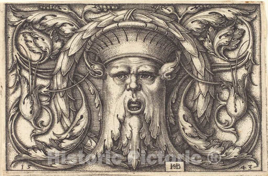 Art Print : Sebald Beham, Ornament with a Mask, 1543 - Vintage Wall Art