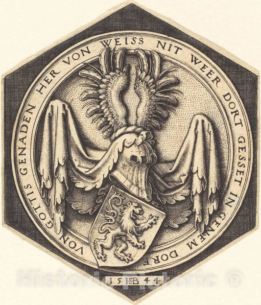 Art Print : Sebald Beham, Coat of Arms with a Lion, 1544 - Vintage Wall Art