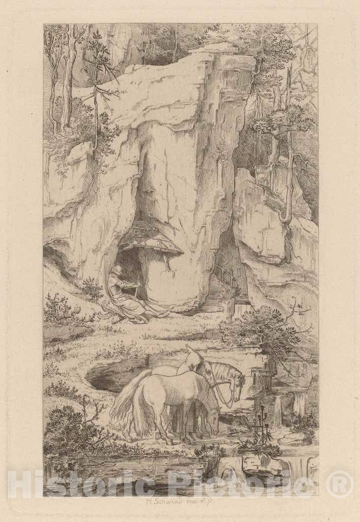 Art Print : Moritz von Schwind, A Monk Leading Horses to Water, c. 1845 - Vintage Wall Art