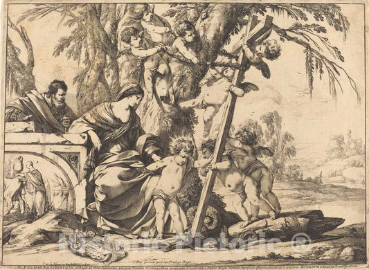 Art Print : Laurent de La Hyre, Holy Family with Angels and The Cross, Crushing a Serpent, 1639 - Vintage Wall Art