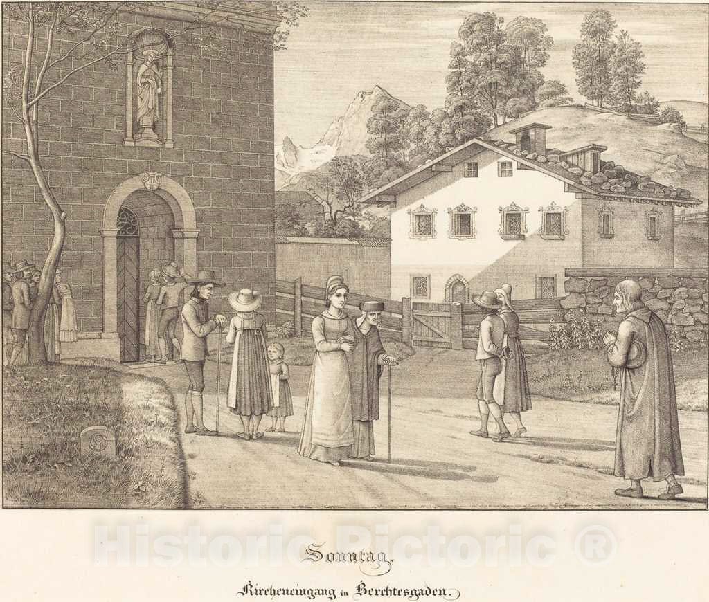 Art Print : Olivier, Sonntag - Kircheneingang in Berchtesgaden (Sunday - Going to Church Near Berchtesgaden), 1823 - Vintage Wall Art