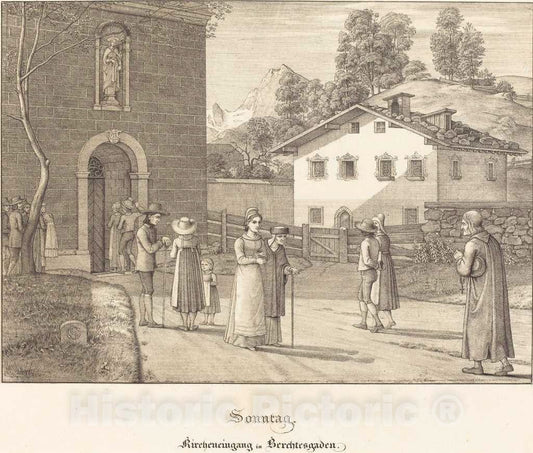Art Print : Olivier, Sonntag - Kircheneingang in Berchtesgaden (Sunday - Going to Church Near Berchtesgaden), 1823 - Vintage Wall Art