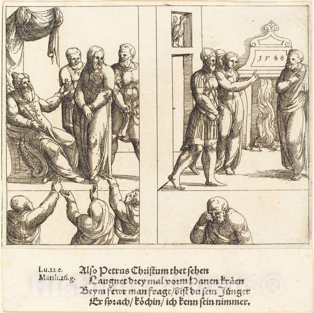 Art Print : Augustin Hirschvogel, Christ Before Caiaphas, and Peter Denying Christ, 1548 - Vintage Wall Art