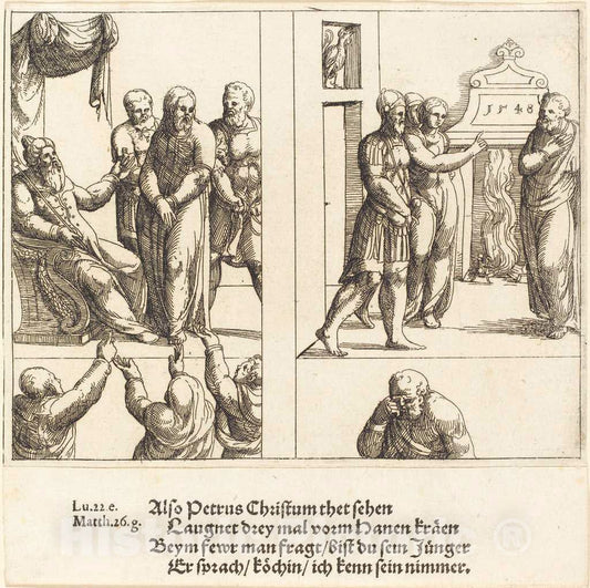 Art Print : Augustin Hirschvogel, Christ Before Caiaphas, and Peter Denying Christ, 1548 - Vintage Wall Art