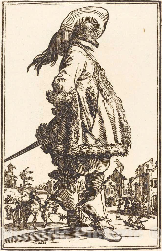 Art Print : Jacques Callot, Noble Man with Mantle Trimmed in Fur, Holding his Hands Behind his Back - Vintage Wall Art