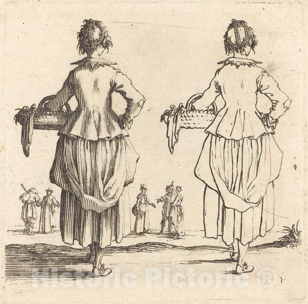 Art Print : Jacques Callot, Peasant Woman with Basket, Seen from Behind, 1617 and 1621 - Vintage Wall Art