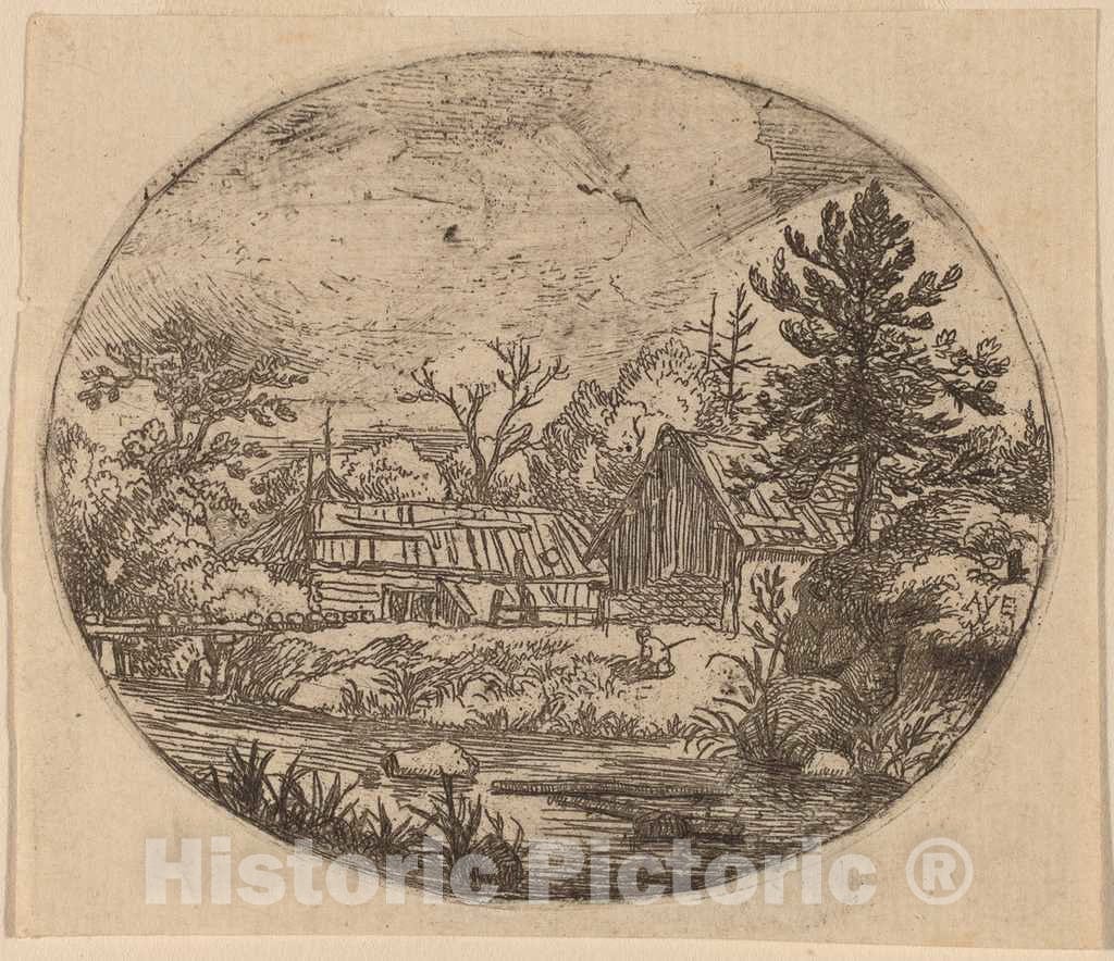 Art Print : Allart Van Everdingen, Hamlet at The Bank of a River, c.1651 - Vintage Wall Art