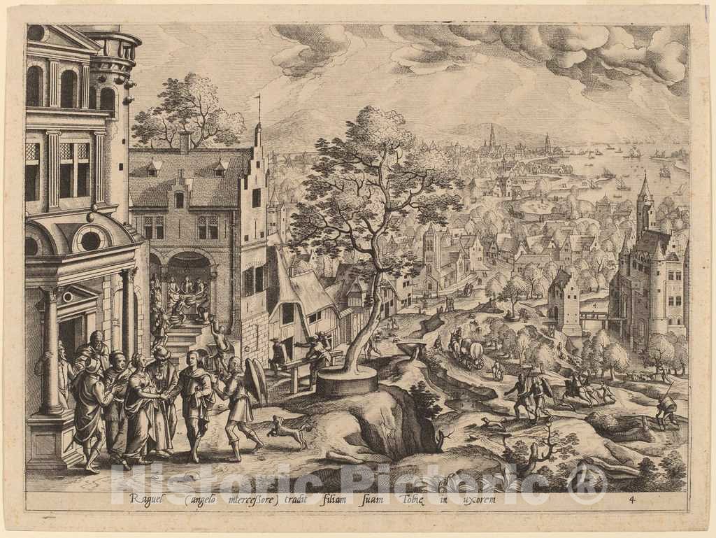 Art Print : Jode After Hans BOL, Tobias Arrives at The House of Raguel - Vintage Wall Art