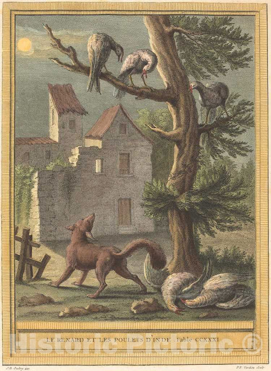 Art Print : Tardieu After Oudry, Le Renard et les poulets d'Inde (The Fox and The Hens from India), 1759 - Vintage Wall Art